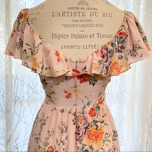 Rebecca Taylor Marlena pink green yellow floral print silk ruffle neckline dress - Picture 9 of 13